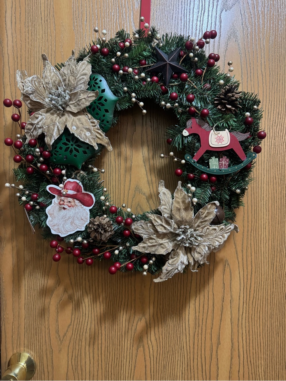Holiday Pine Wreath with Red Berries and Gold Poinsettias